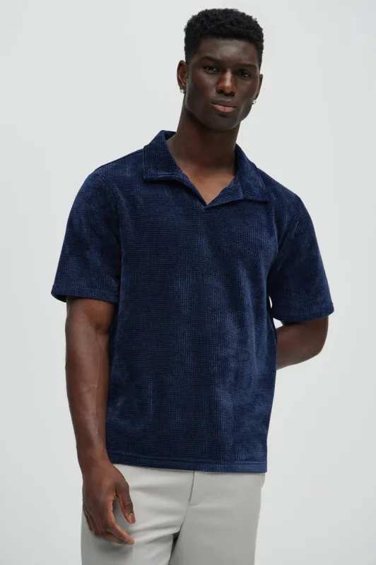 Greenville Waffle Knit Johnny Collar Short Sleeve Polo - Navy sold by Fashion Nova