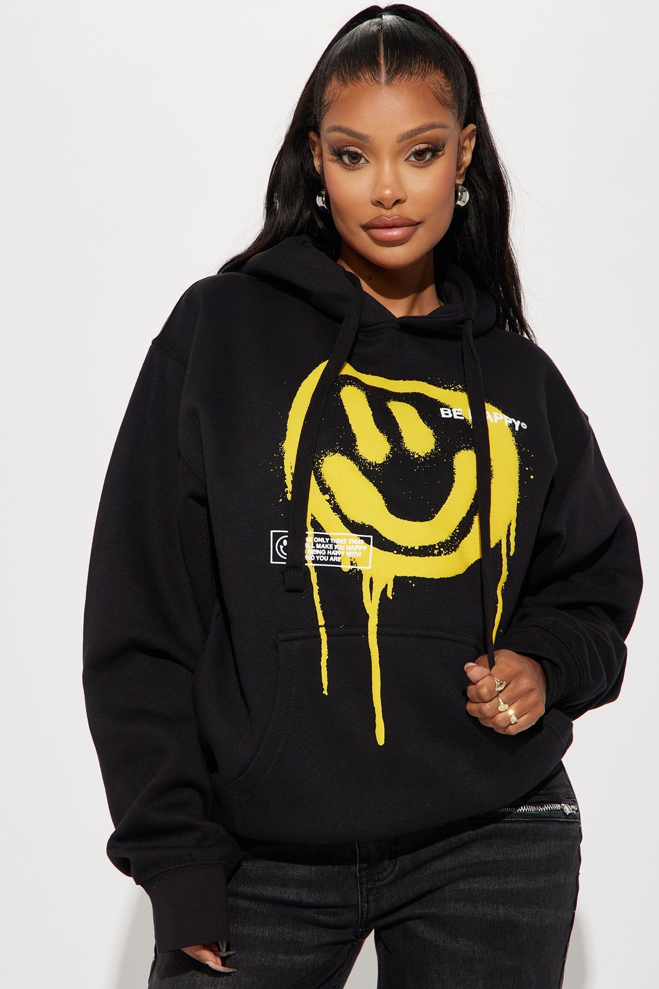 Be Happy Smiley Face Hoodie - Black sold by Fashion Nova