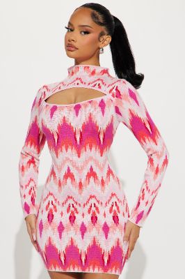 Sierra Sweater Mini Dress - Pink/combo sold by Fashion Nova
