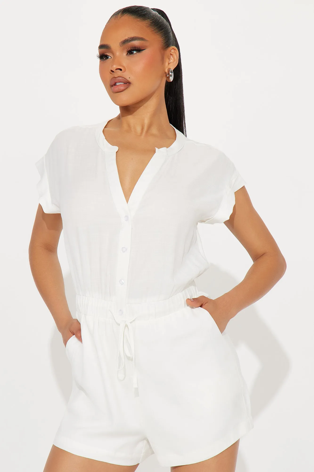 Meeting My Love Linen Romper - Off White sold by Fashion Nova