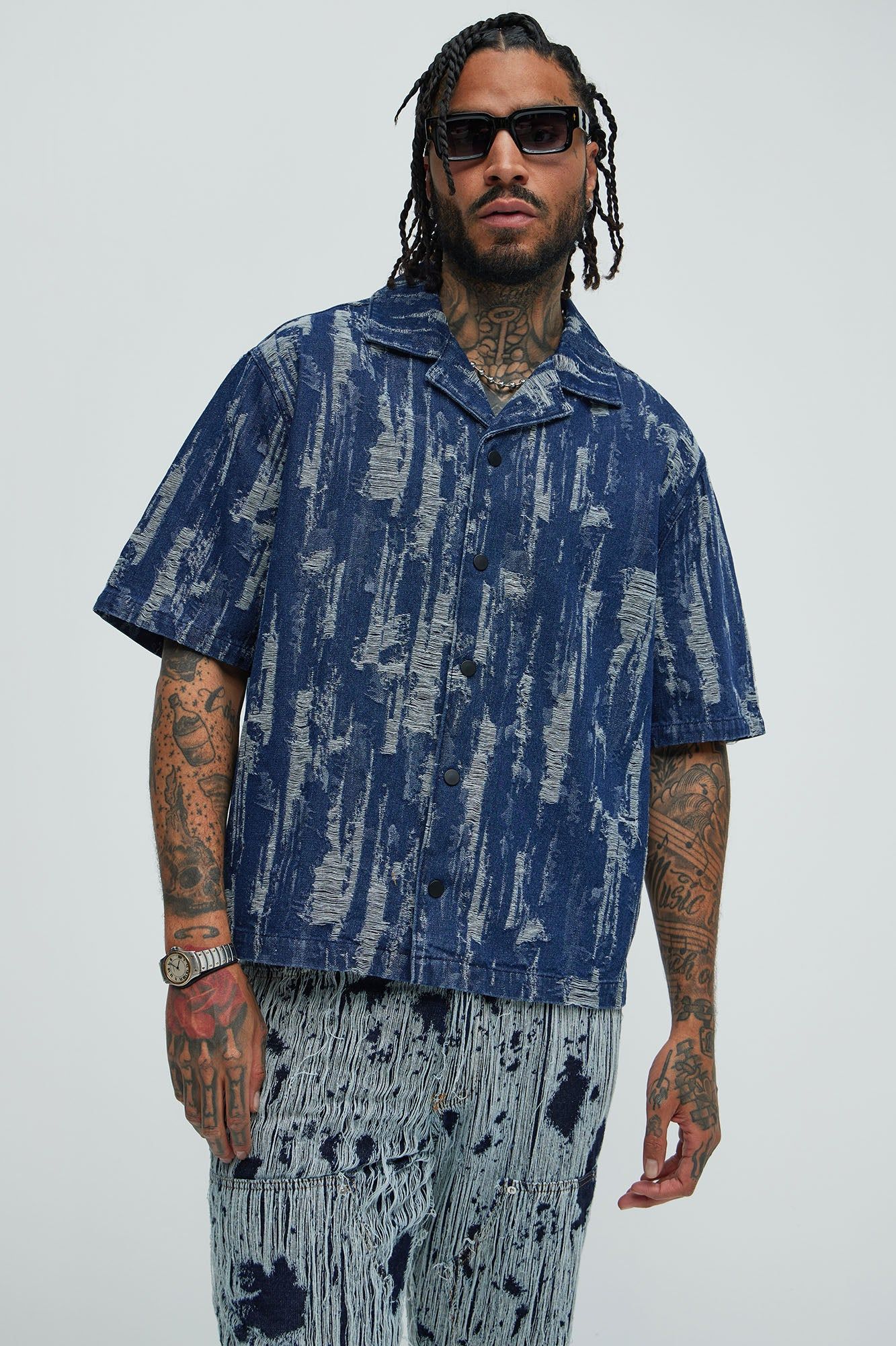 De Soto Jacquard Denim Shirt - Blue Wash sold by Fashion Nova