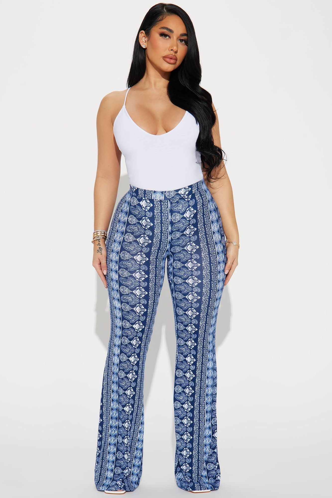 Adria Flare Pant - Navy/combo sold by Fashion Nova