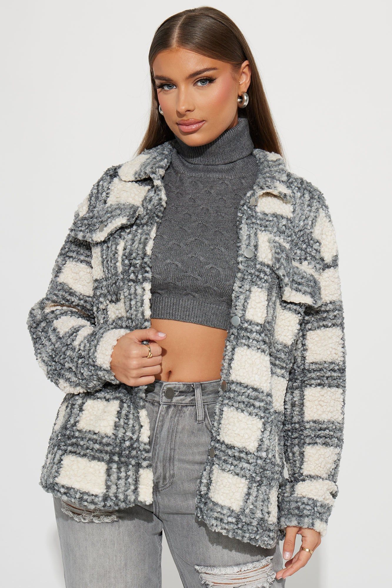 Campside Feelings Sherpa Shacket - Charcoal sold by Fashion Nova