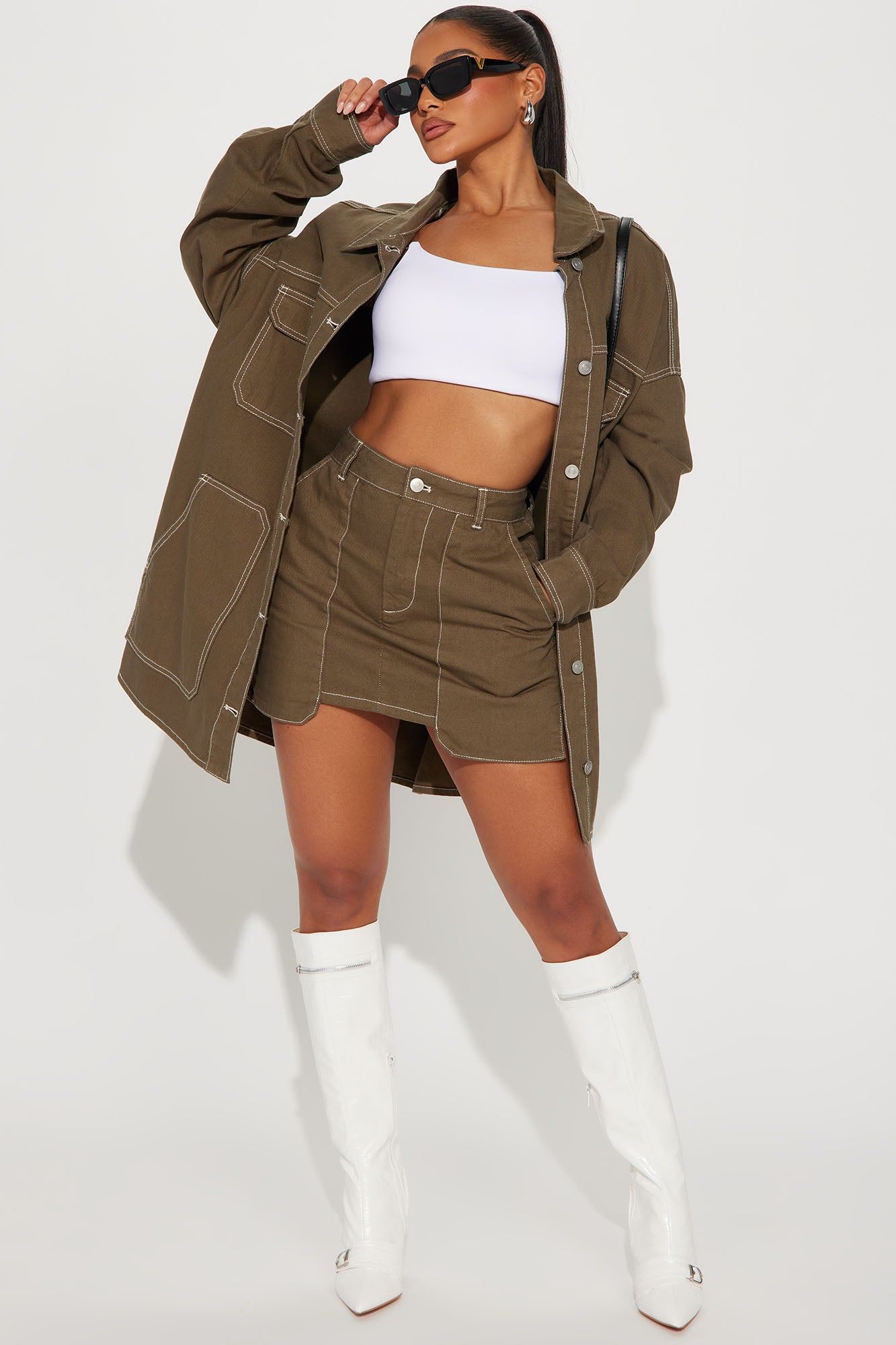 Mega Babe Denim Skirt Set - Olive sold by Fashion Nova
