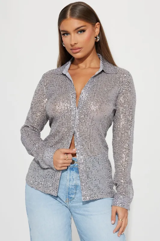 Turn Up The Lights Sequin Shirt - Silver sold by Fashion Nova