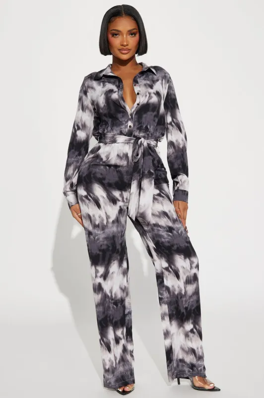 Never Lonely Tie Dye Jumpsuit - Grey/combo sold by Fashion Nova