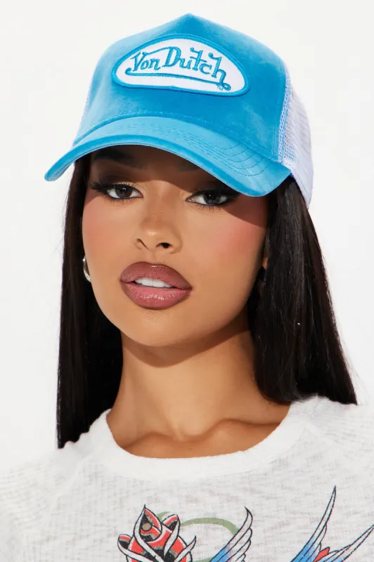 Von Dutch Blue Velvet Trucker Hat - Blue sold by Fashion Nova