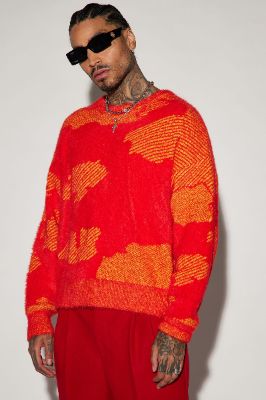 Fuzzy Textured Crewneck Sweater - Orange/combo sold by Fashion Nova