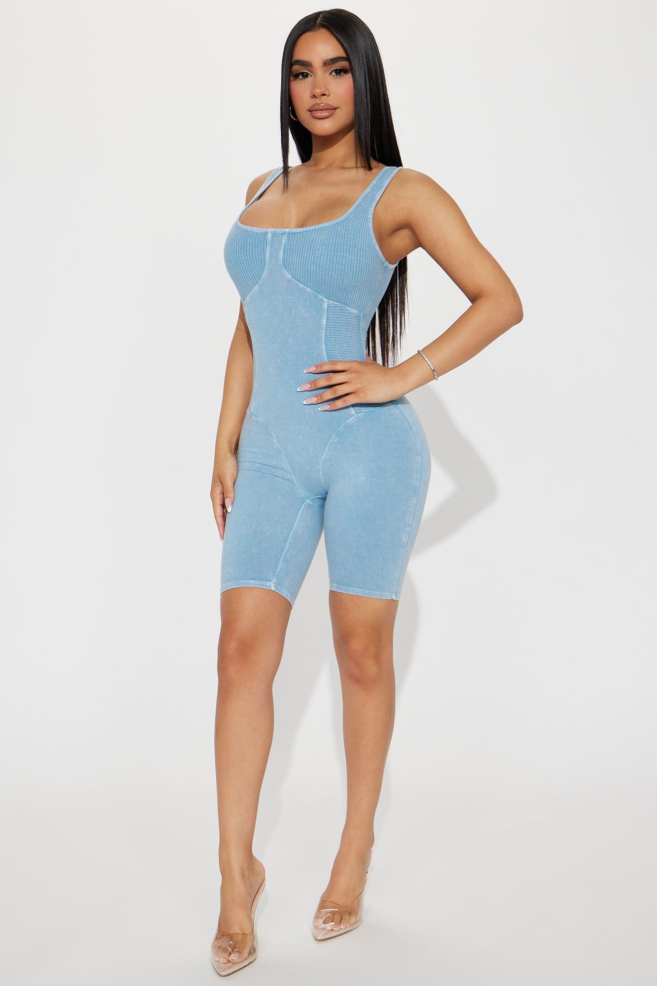 Amali Mineral Wash Romper - Sky Blue sold by Fashion Nova