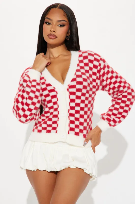 Playing Games Checkered Cardigan - Red/combo sold by Fashion Nova