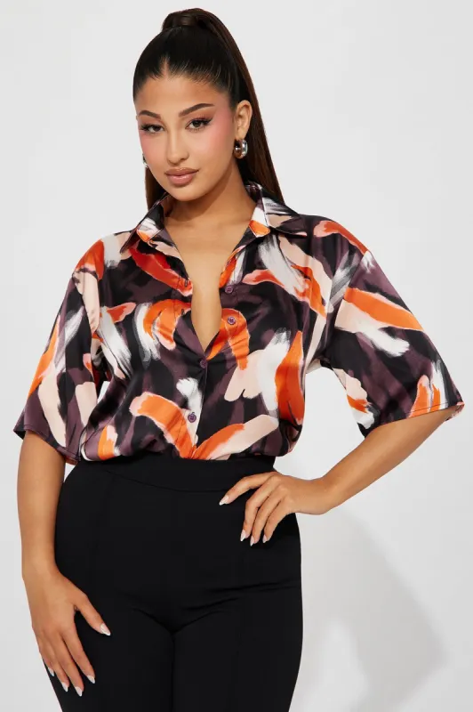 For The Thrill Satin Shirt - Black/combo sold by Fashion Nova