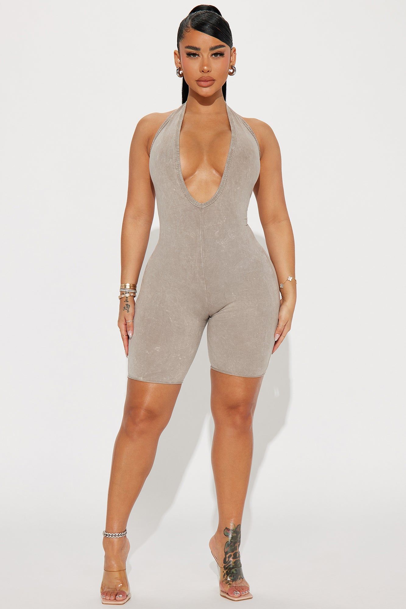 Laylah Mineral Wash Romper - Mocha sold by Fashion Nova
