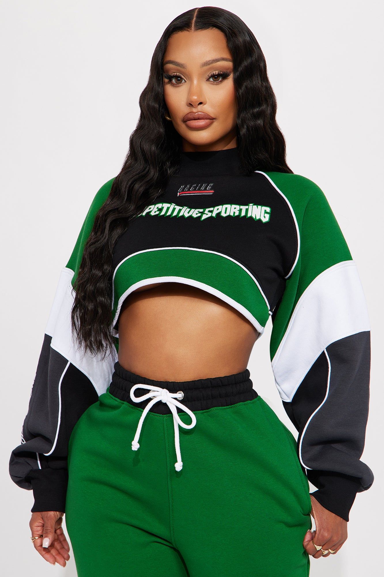 Competitive Edge Cropped Sweatshirt - Green/combo sold by Fashion Nova