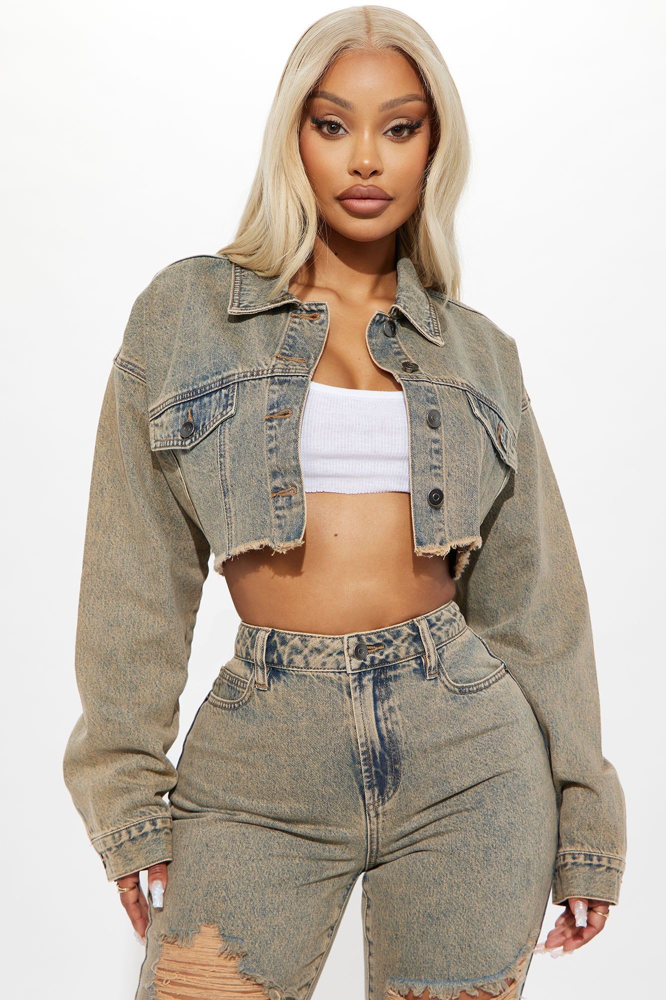 Sahara Cropped Tinted Denim Jacket - Medium Wash sold by Fashion Nova