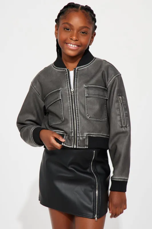 Mini Still Fly Washed Faux Leather Bomber Jacket - Charcoal sold by Fashion Nova