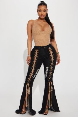 New Developments Lace Up Flare Jeans - Black Wash sold by Fashion Nova
