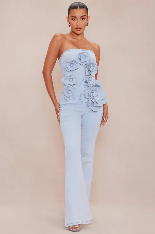 Berlin Floral Denim Jumpsuit - Light Wash sold by Fashion Nova