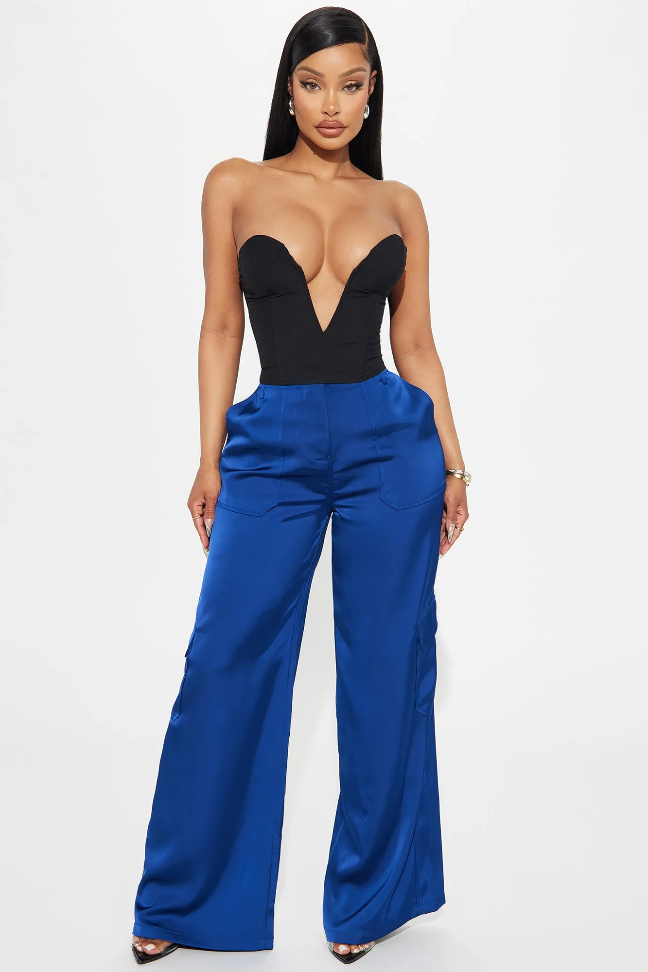 Pretty Girl Walk Satin Cargo Pant - Navy sold by Fashion Nova