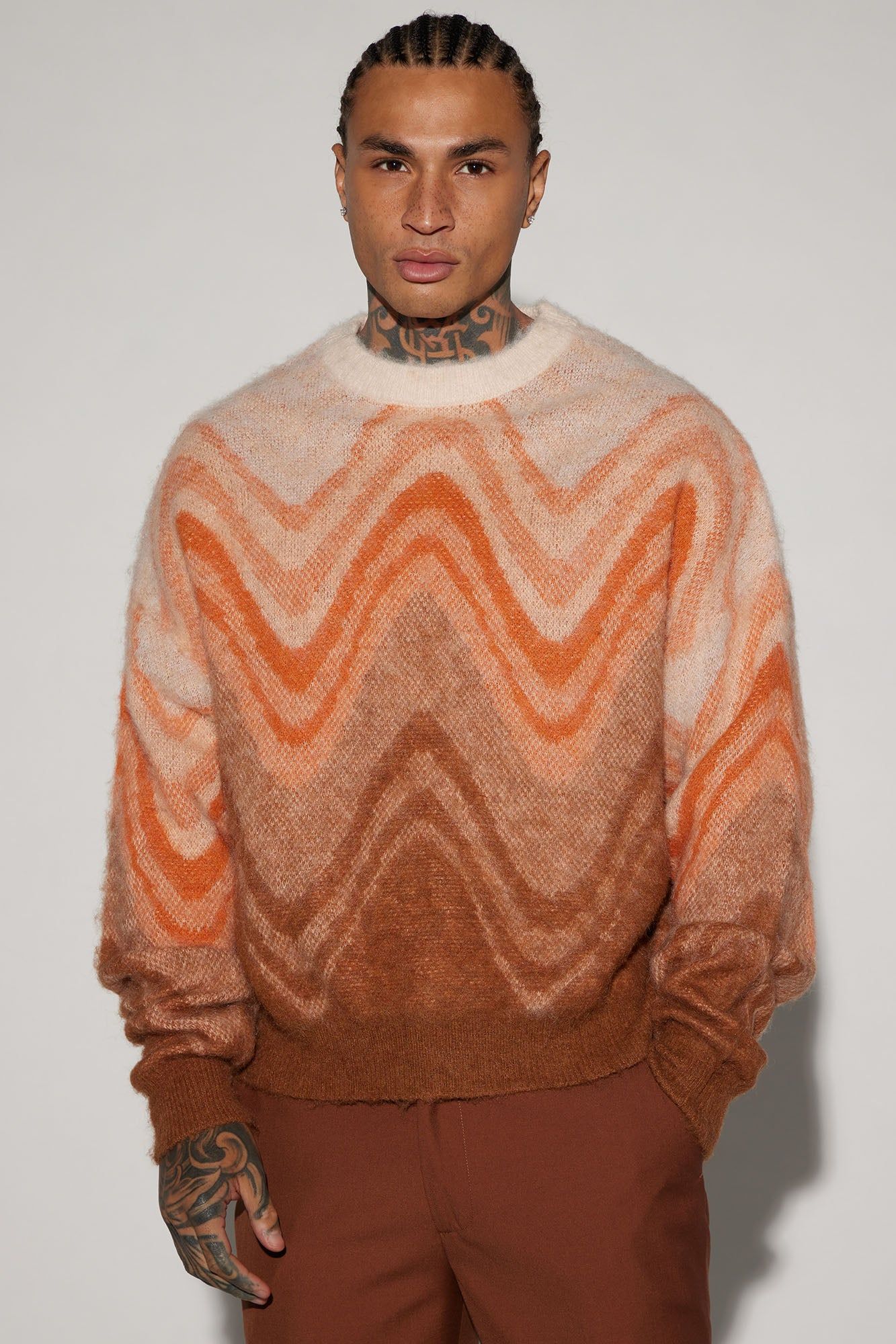 Waves Fuzzy Crewneck Sweater - Orange/combo sold by Fashion Nova