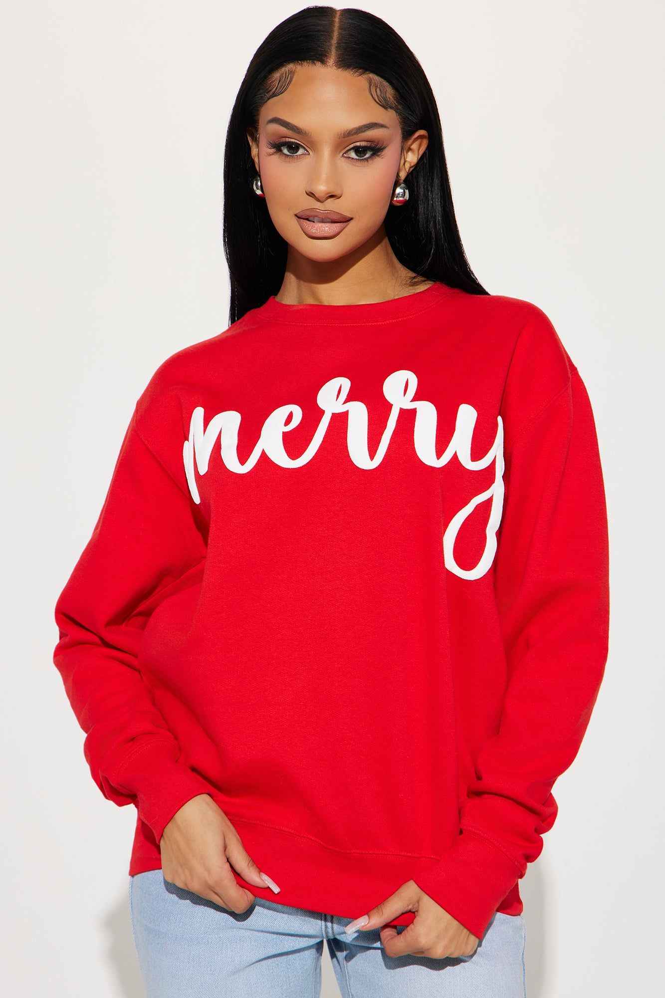 Merry And Bright Sweatshirt - Red sold by Fashion Nova
