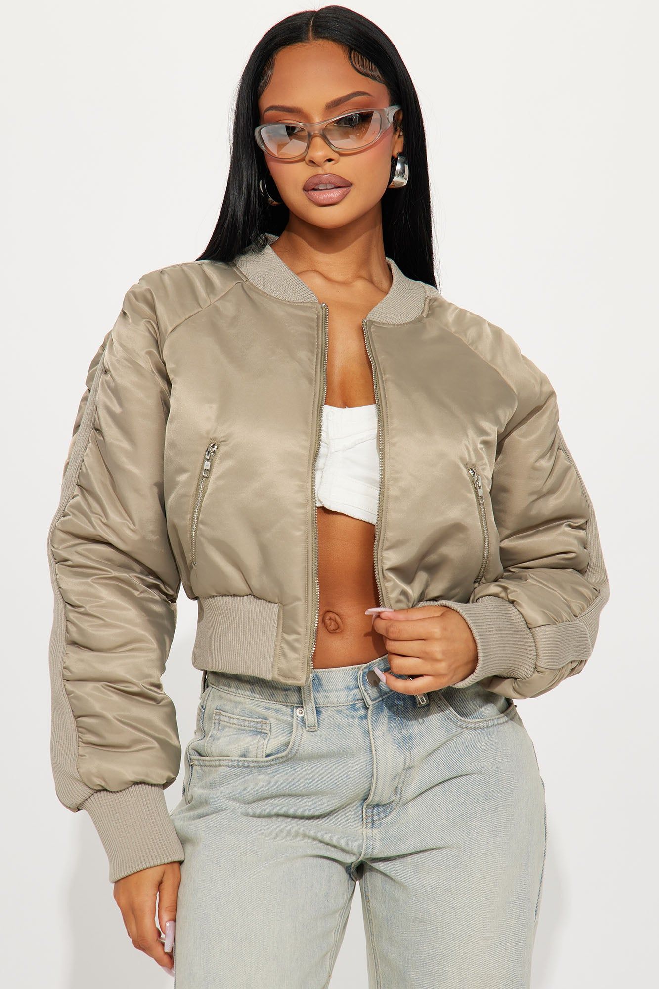 Isabella Ruched Bomber Jacket - Sage sold by Fashion Nova