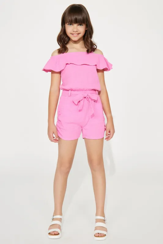 Mini Cotton Gauze Cold Shoulder Romper - Neon Pink sold by Fashion Nova