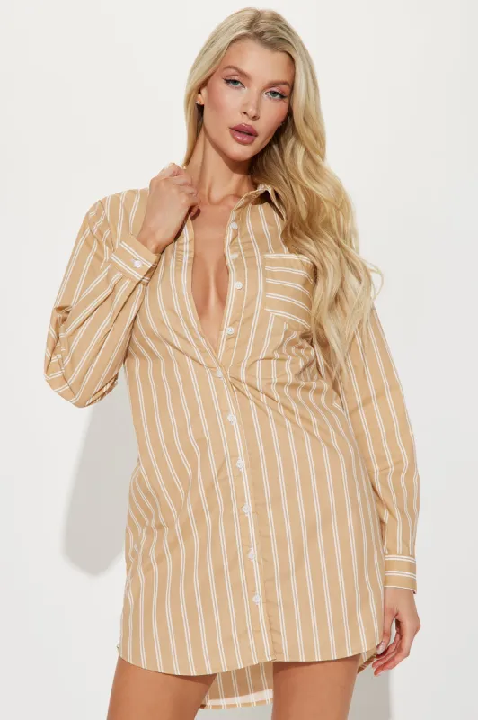 Jadine Striped Shirt Dress - Tan sold by Fashion Nova