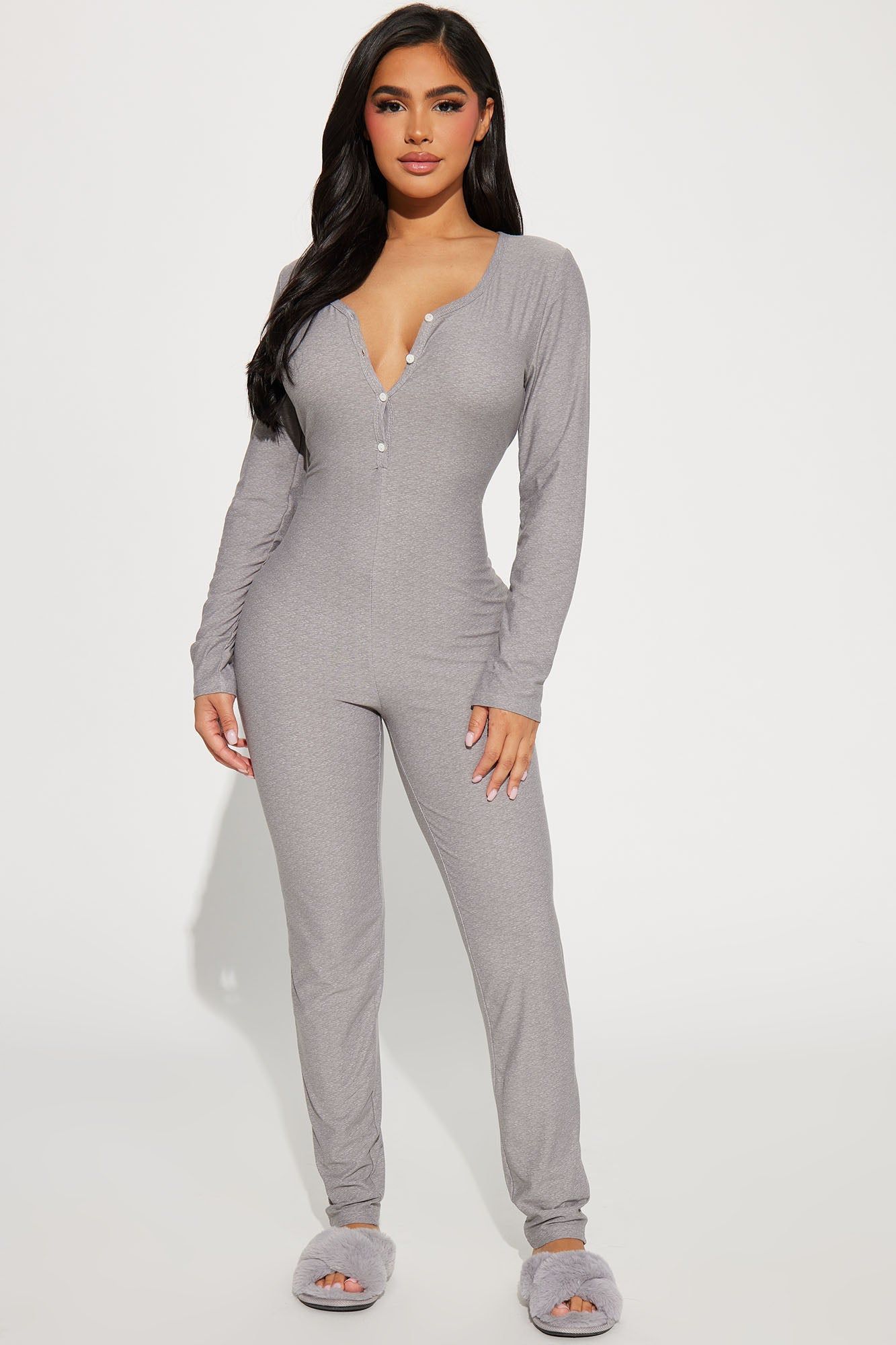 Curvy Girls Do It Better PJ Jumpsuit Onesie - Grey sold by Fashion Nova