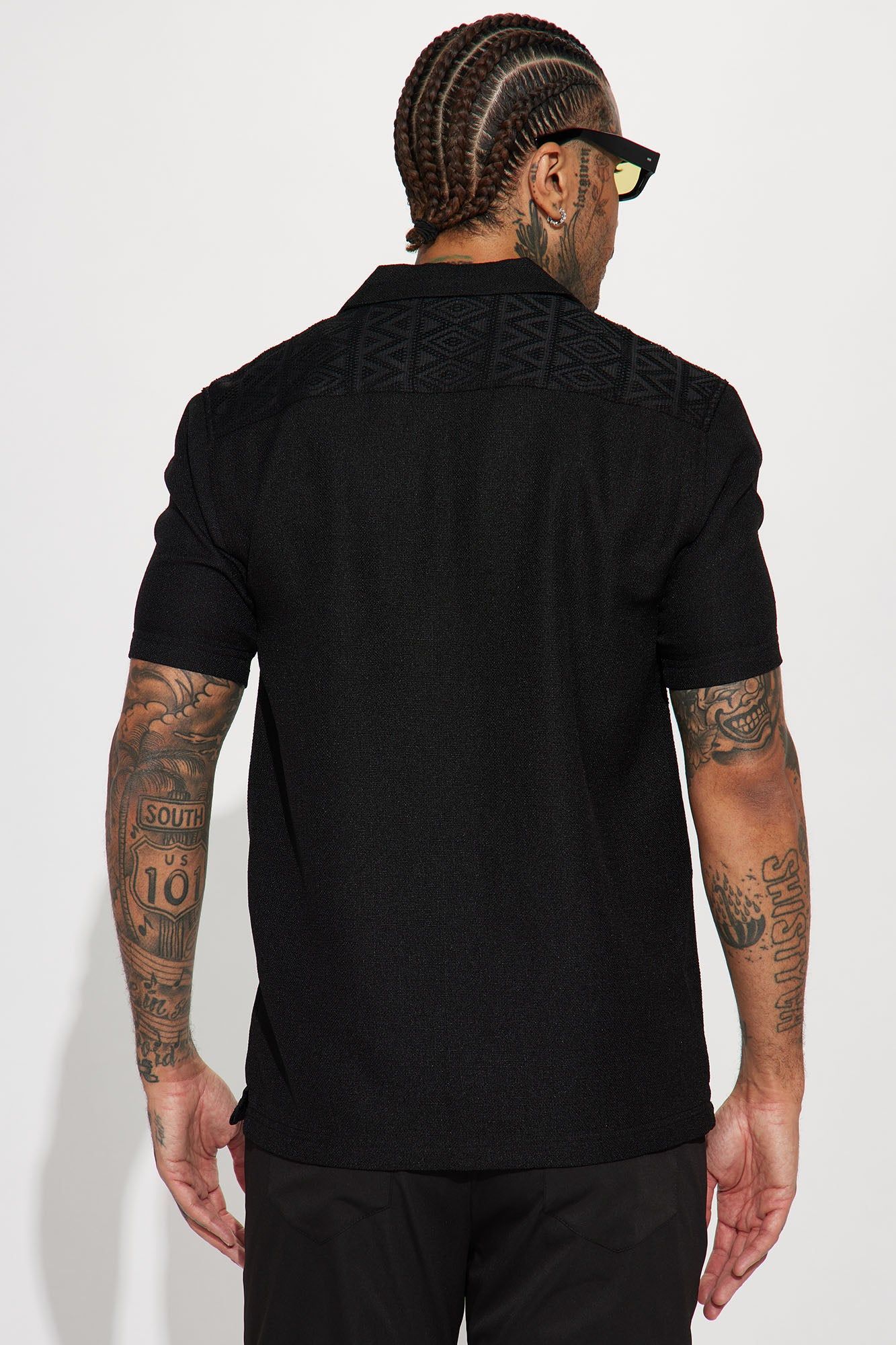 JERSEY+BROAD STITCH CROCHET HALF SLEEVE PULLOVER(S Black