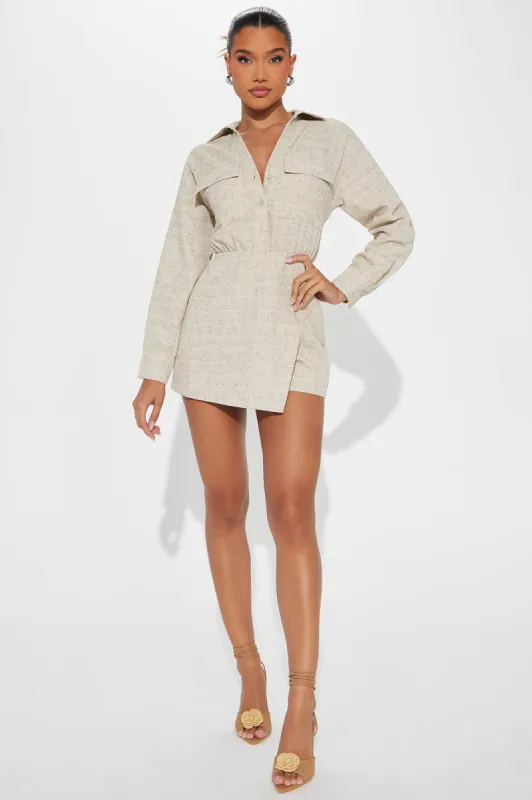 Sweet Escape Tweed Romper - Taupe sold by Fashion Nova
