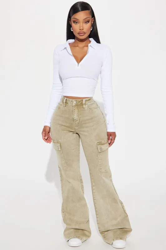 Top Of The Class Stretch Cargo Flare Jeans - Olive sold by Fashion Nova