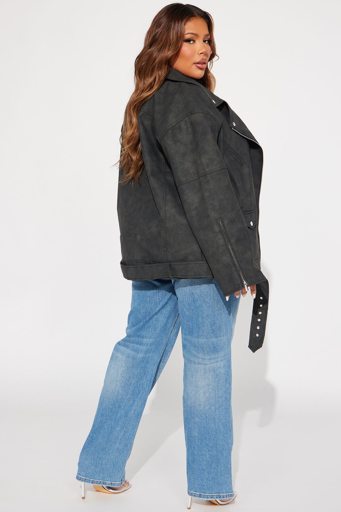 Big Rider Over Sized Washed Faux Leather Moto - Black sold by Fashion Nova product image thumbnail 6