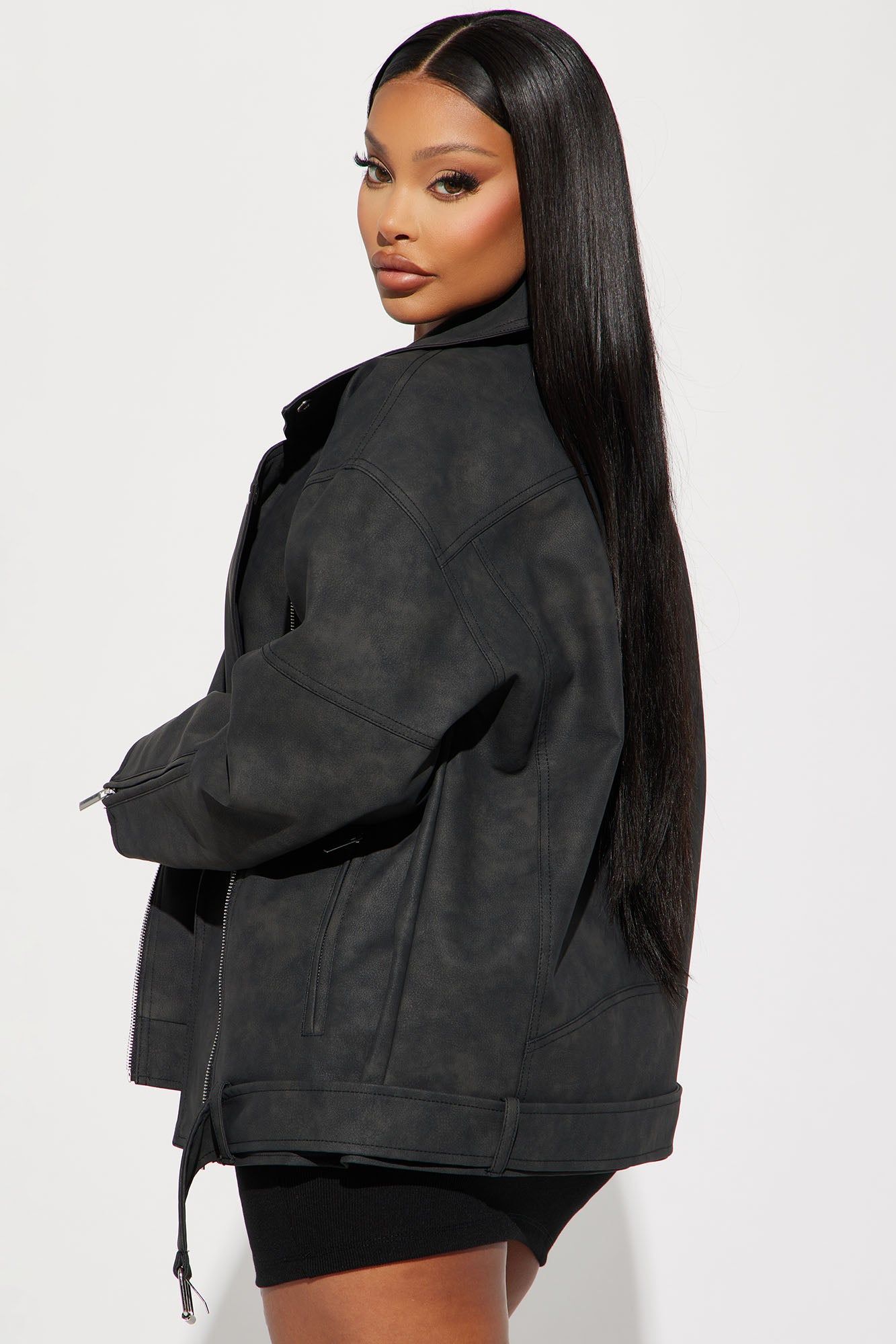 Big Rider Over Sized Washed Faux Leather Moto - Black sold by Fashion Nova product image thumbnail 3