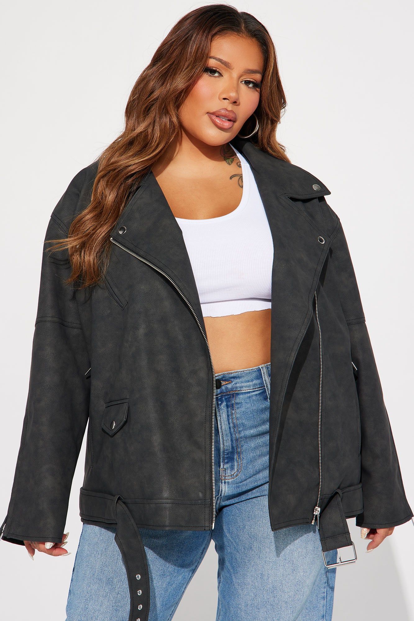Big Rider Over Sized Washed Faux Leather Moto - Black sold by Fashion Nova product image thumbnail 4