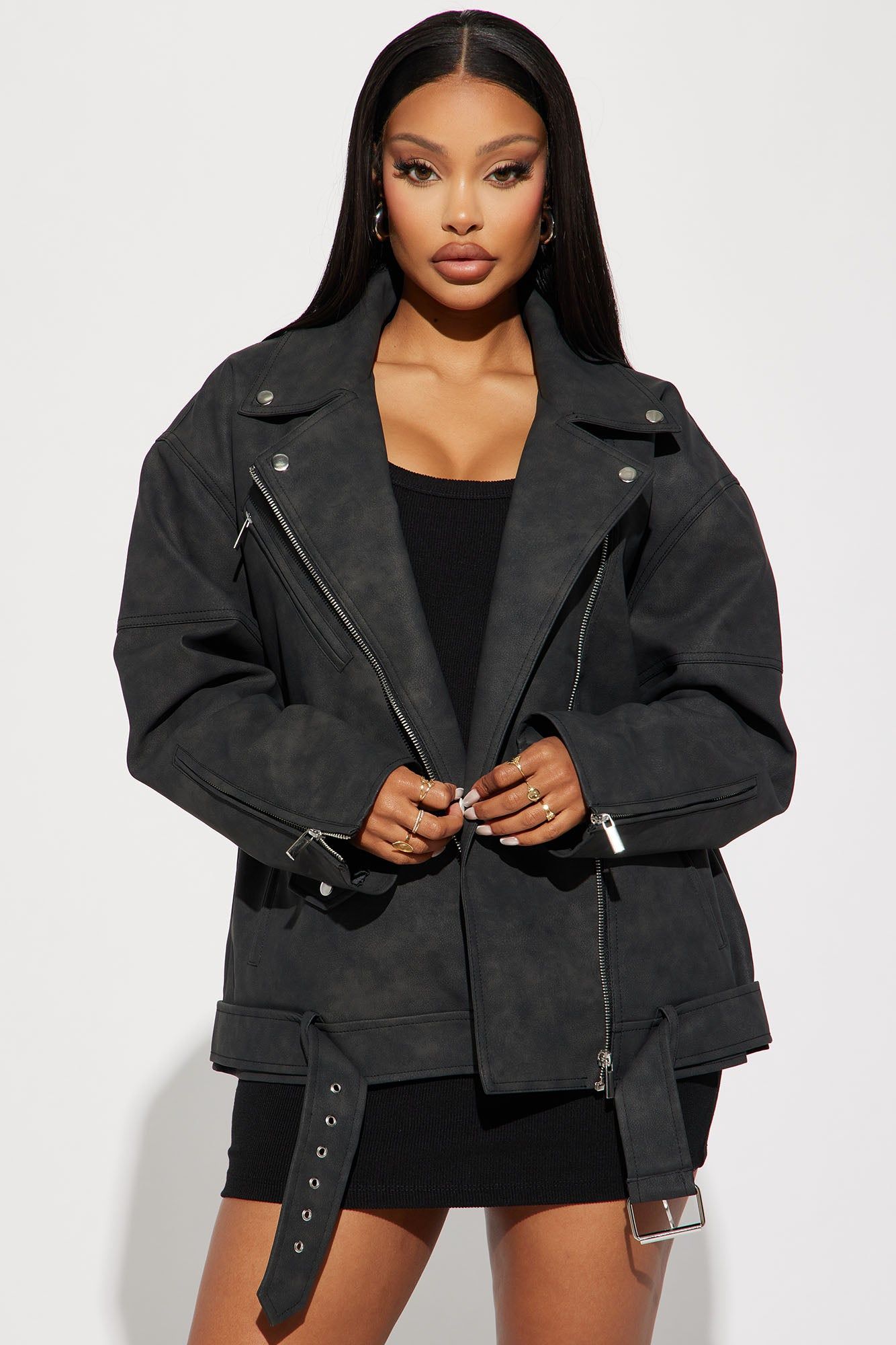 Big Rider Over Sized Washed Faux Leather Moto - Black sold by Fashion Nova