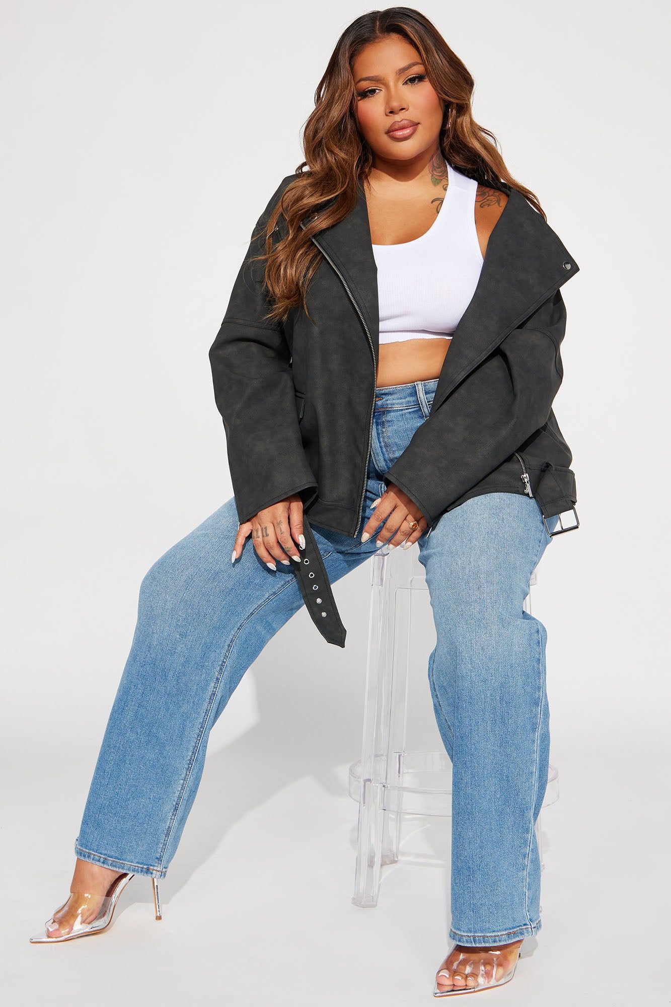 Big Rider Over Sized Washed Faux Leather Moto - Black sold by Fashion Nova product image thumbnail 5