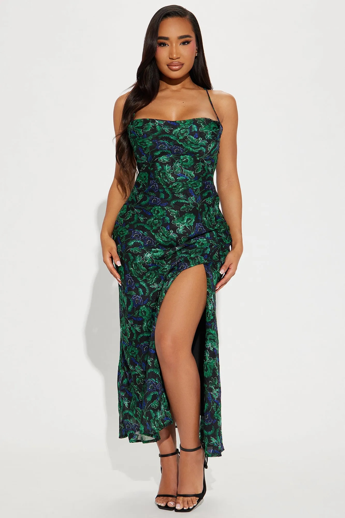 Picking Petals Satin Maxi Dress - Green/combo sold by Fashion Nova