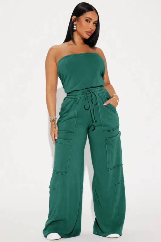Lounge Around Washed Jumpsuit - Green sold by Fashion Nova