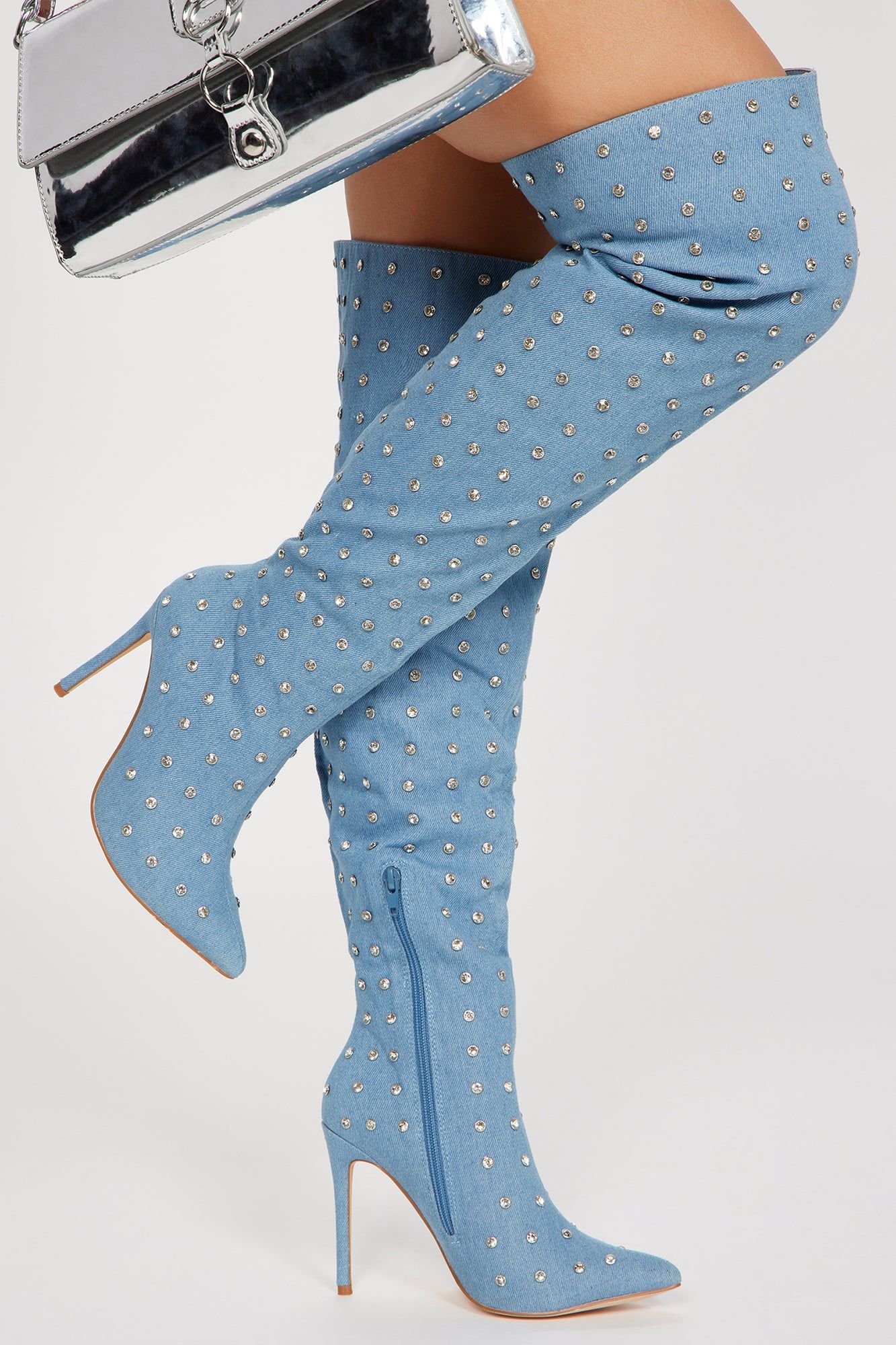 Let's Mingle Over The Knee Heeled Boots - Denim sold by Fashion Nova