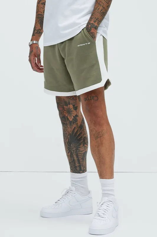 Tyson Contrast Warm Up Shorts - Olive/combo sold by Fashion Nova