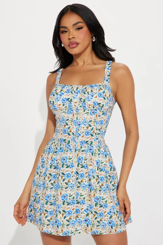 Azure Blossom Mini Dress - Blue/combo sold by Fashion Nova