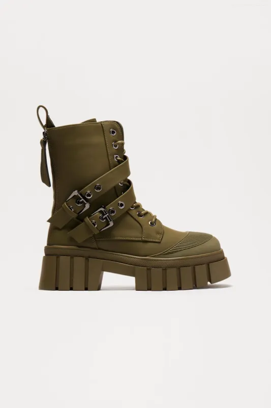 Never Over Buckle Combat Boots - Olive sold by Fashion Nova