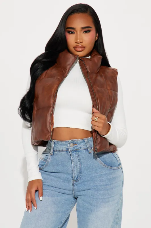 New Era Washed Faux Leather Vest - Brown sold by Fashion Nova