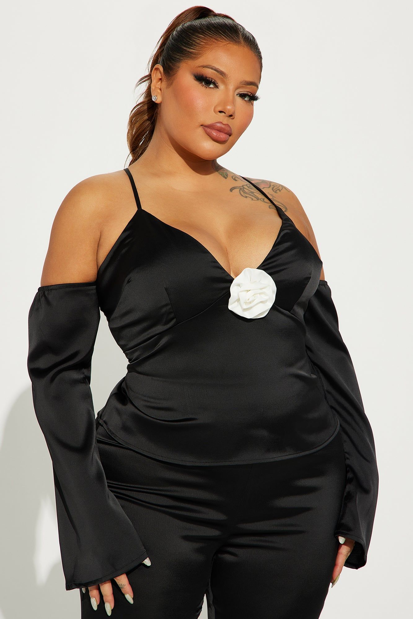 Soft Mood Satin Long Sleeve Cami - Black/White sold by Fashion Nova product image thumbnail 4