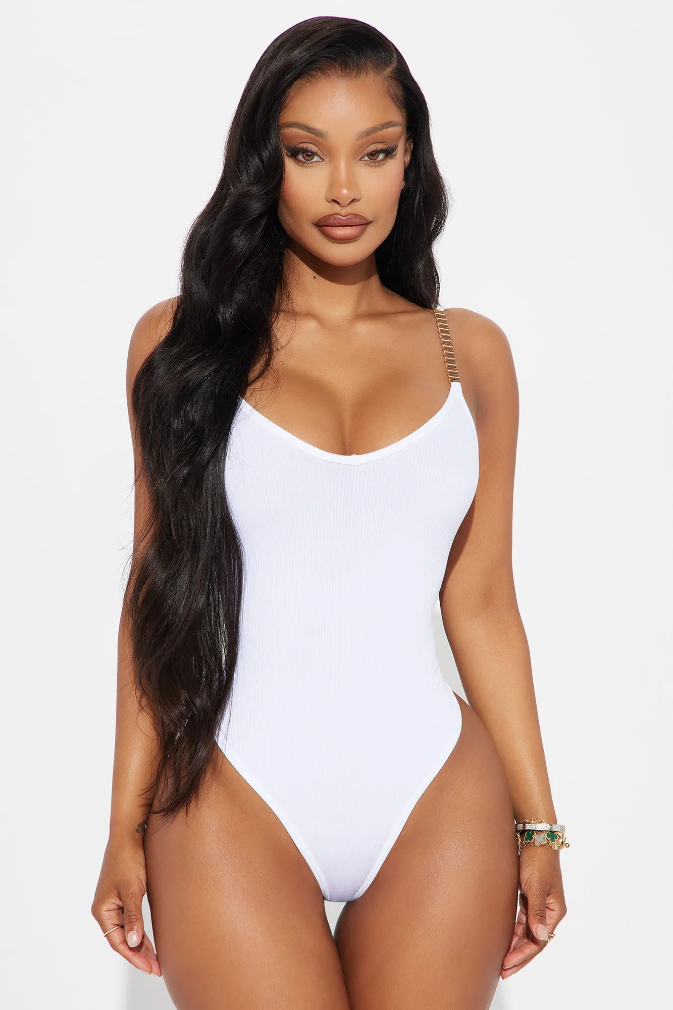 Kamaria Chain Strap Bodysuit - White sold by Fashion Nova