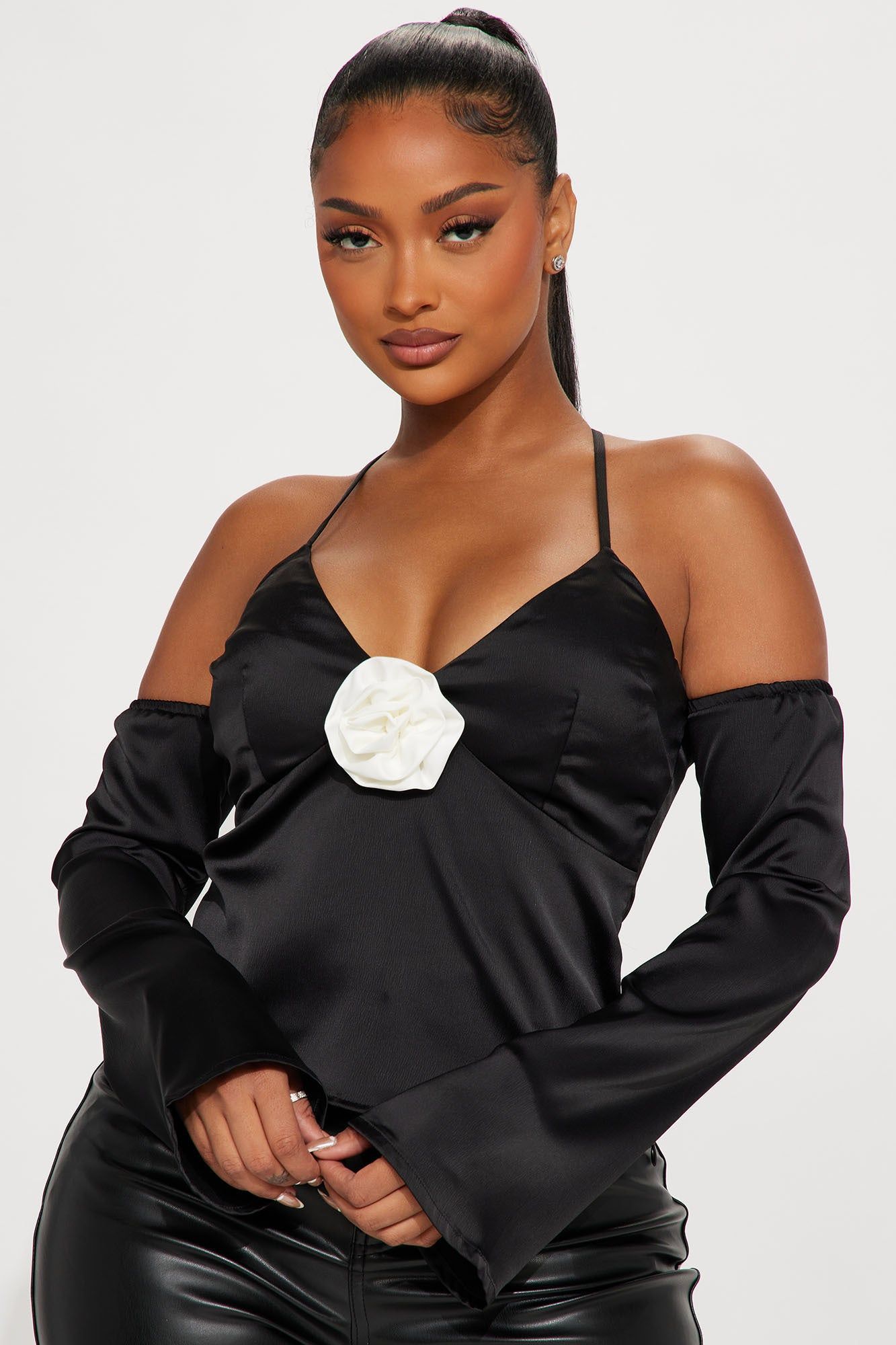Soft Mood Satin Long Sleeve Cami - Black/White sold by Fashion Nova