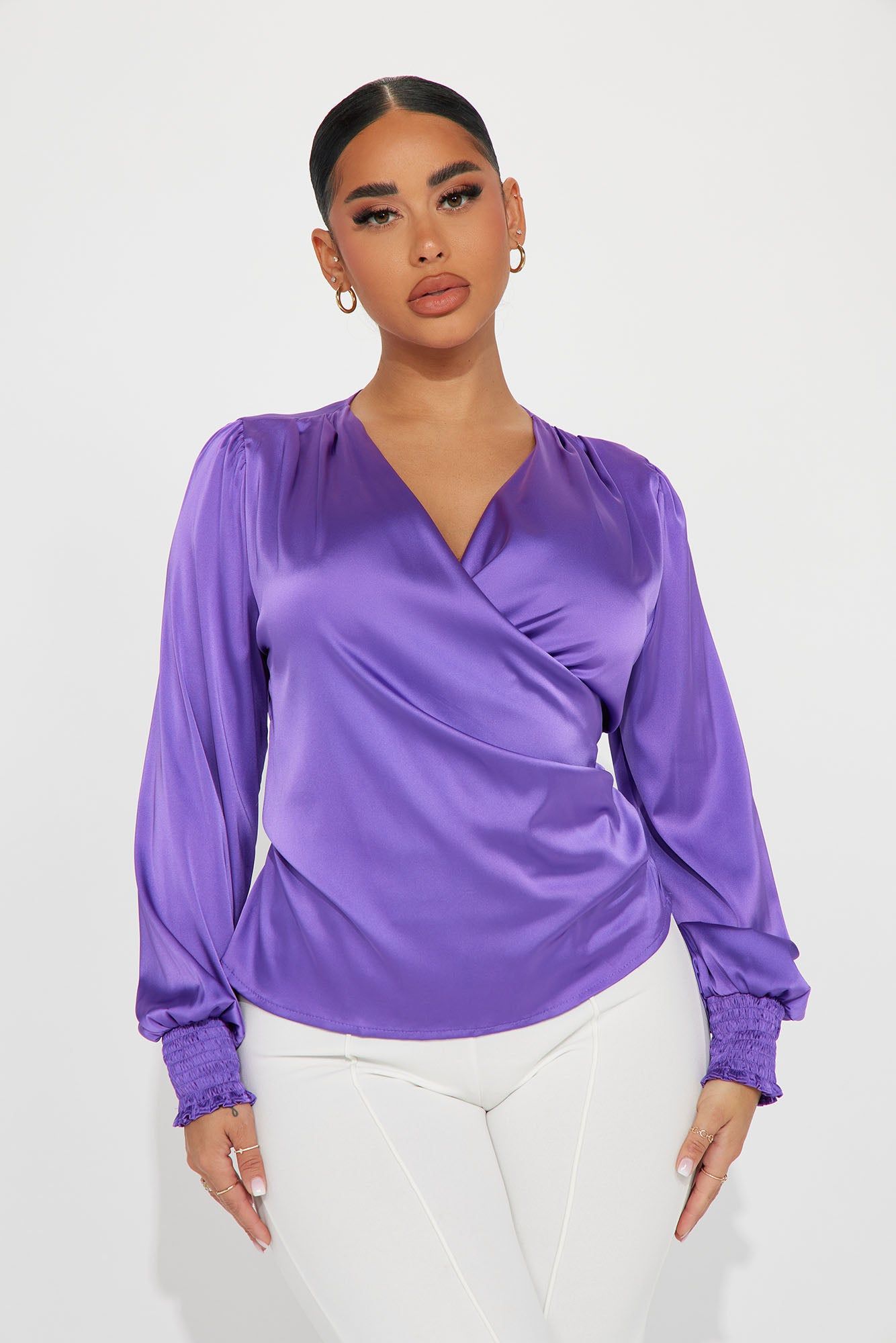 Dinner and Drinks Satin Blouse Top - Purple sold by Fashion Nova