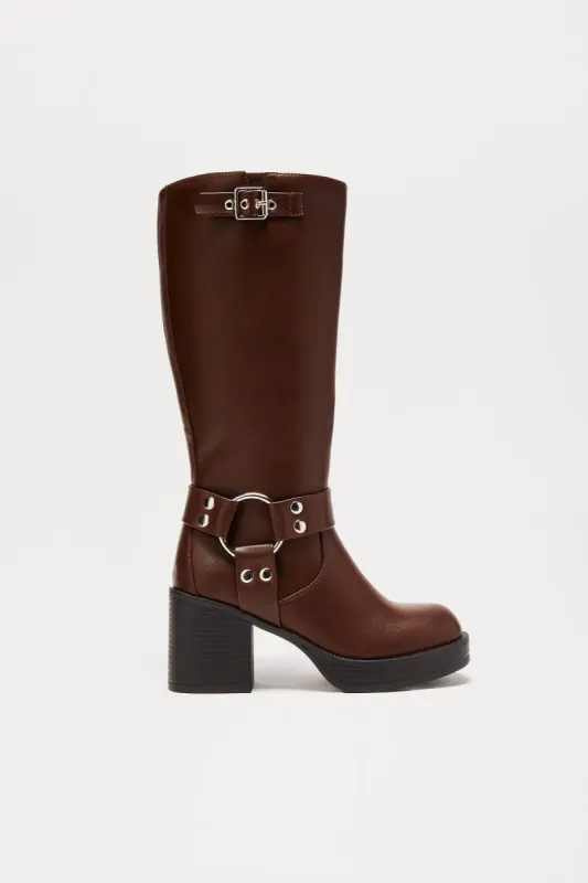 Arden Buckle Knee High Boots - Chocolate sold by Fashion Nova