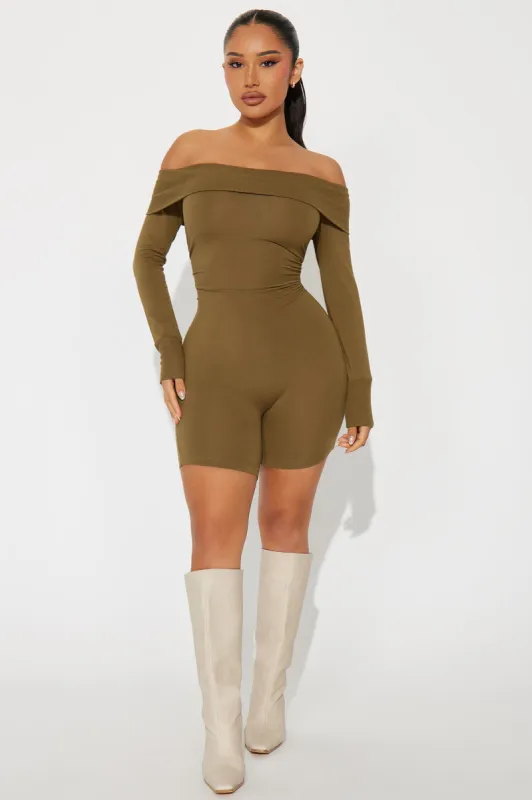 Olivia Off Shoulder Romper - Olive sold by Fashion Nova