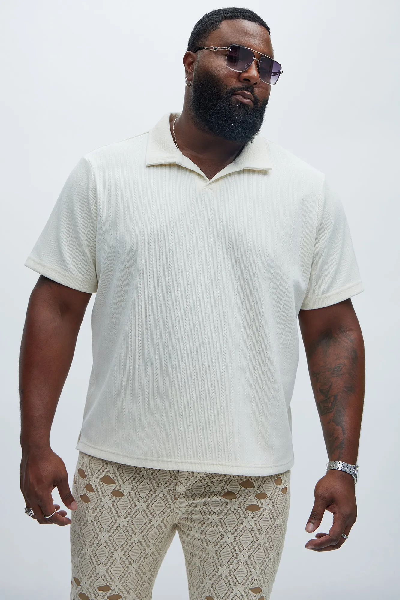 Cefalo Sweater Textured Johnny Collar Shirt - Cream sold by Fashion Nova product image thumbnail 5